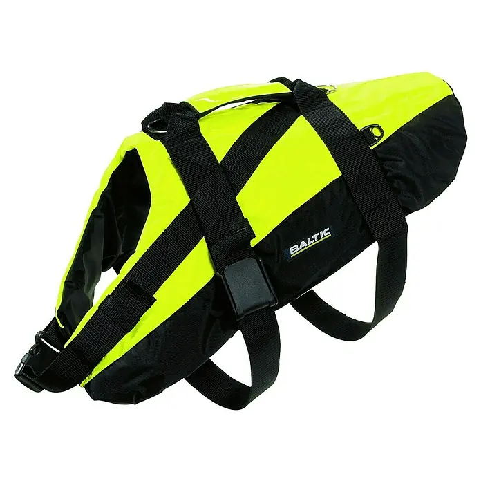 Schwimmweste Professional für Hunde - XL, 40 kg - 50 kg, 50 N, Gelb - Nahaufnahme einer gelb-schwarzen Baltic-Hundeschwimmweste mit verstellbaren Trägern für Sicherheit und Komfort im Wasser.
