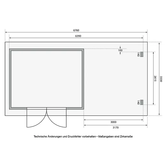 Karibu Gartenhaus - Außenmaß inkl. Dachüberstand (B x T): 678 x 333 cm, Holz, Naturbelassen, Mit Seitendach - Technische Zeichnung: Grundriss eines rechteckigen Gebäudes mit Doppeltüren, detaillierte Gesamtmaße (6760x3330) und weitere Abmessungen.