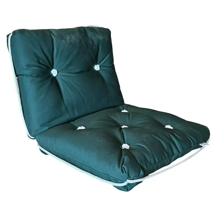 Yachticon Kapok-Kissen - L x B x H: 760 x 450 x 80 mm, Doppelt, Dunkelgrün - Grüne Futonmatratze mit Knopfheftung und weißer Kordel. Das Kissen ist bequem und lädt zum Entspannen ein.