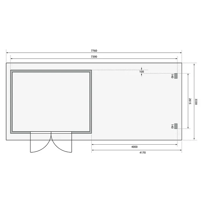 Karibu Gartenhaus Trittau 4 - Außenmaß inkl. Dachüberstand (B x T): 784 x 333 cm, Holz, Naturbelassen, Mit Seitendach & Rückwand - Detaillierter Grundriss eines Schuppens mit Gesamtmaßen von 7760x3330, Innenstruktur, Doppeltüren und weiteren Maßen.