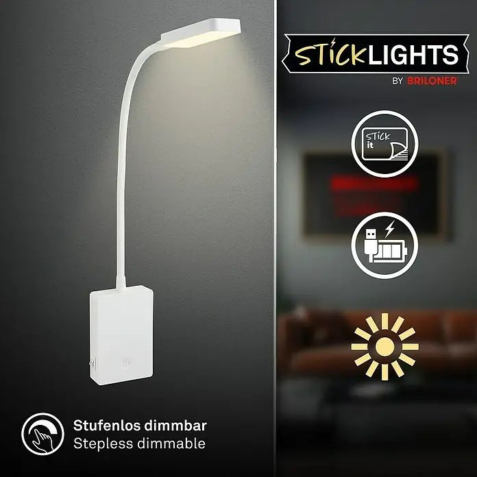 Briloner LED-Leseleuchte Cielo - Höhe: 56 cm, Weiß - Das Bild zeigt eine weiße, stufenlos dimmbare Sticklights LED-Leuchte von Briloner mit USB-Ladefunktion und Klebefunktion für flexible Beleuchtung.