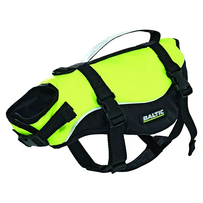 Schwimmweste Maja für Katzen - M, 3 kg - 7 kg, Gelb - Gelbe und schwarze Baltic Schwimmweste für Hunde, gut sichtbar und mit verstellbaren Gurten für sicheren Halt im Wasser.