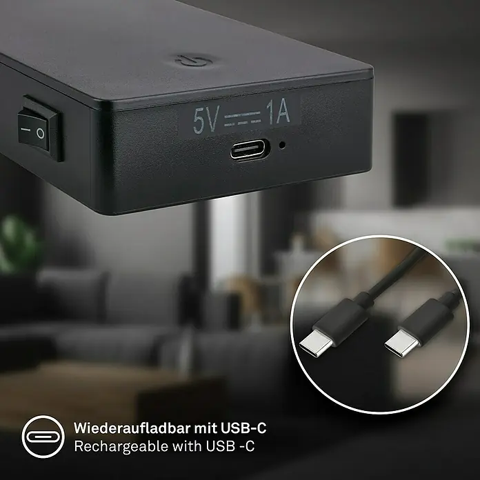Briloner LED-Leseleuchte Cielo - Höhe: 56 cm, Schwarz - Das schwarze USB-C-Ladegerät ist kompakt und wiederaufladbar. Das Kabel ermöglicht ein einfaches Aufladen des Geräts.
