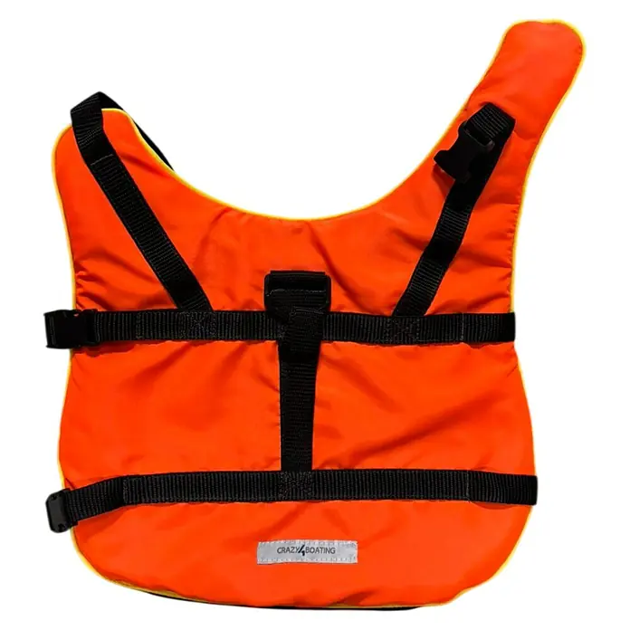 Navyline Schwimmweste für Hunde & Katzen crazy4boating - S, 0 kg - 8 kg, Rot - Orangefarbene Schwimmweste mit gelbem Rand und schwarzen Gurten. Ideal für Wassersport und Bootfahren, bietet Sicherheit und Komfort.