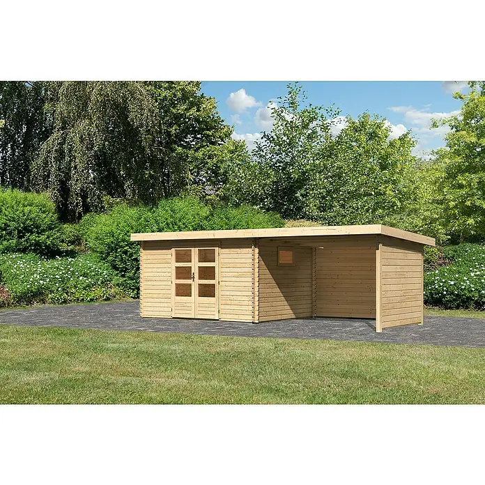 Karibu Gartenhaus Trittau 4 - Außenmaß inkl. Dachüberstand (B x T): 678 x 333 cm, Holz, Naturbelassen, Mit Seitendach, Rück- & Seitenwand - Ein modernes Holzgartenhaus mit Doppeltür und kleinem Fenster, ideal für Gartenutensilien und als stilvoller Rückzugsort im Grünen.