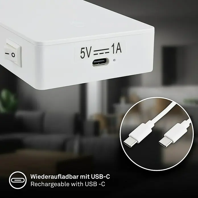 Briloner LED-Leseleuchte Cielo - Höhe: 56 cm, Weiß - Nahaufnahme eines weißen, wiederaufladbaren Geräts mit USB-C-Anschluss und Schalter.