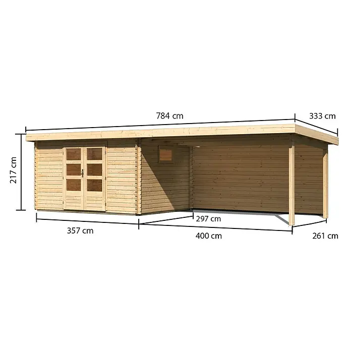 Karibu Gartenhaus Trittau 4 - Außenmaß inkl. Dachüberstand (B x T): 784 x 333 cm, Holz, Naturbelassen, Mit Seitendach & Rückwand - Helles Holzgartenhaus mit Doppeltür und integriertem offenem Carport rechts.