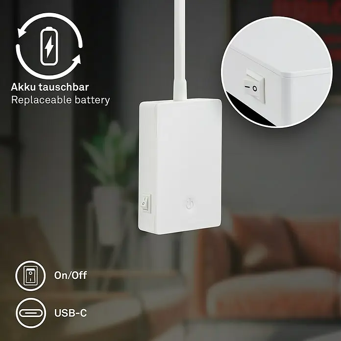 Briloner LED-Leseleuchte Cielo - Höhe: 56 cm, Weiß - Produktbild: Weiße, akkubetriebene Lampe mit USB-C Anschluss und austauschbarem Akku für flexible Beleuchtung.