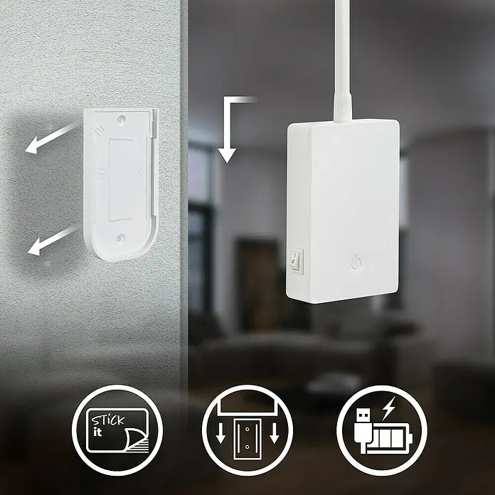 Briloner LED-Leseleuchte Cielo - Höhe: 56 cm, Weiß - Das Bild zeigt ein weißes, rechteckiges Gerät mit Antenne, das an einer Wandhalterung befestigt wird. Das Gerät ist wiederaufladbar.