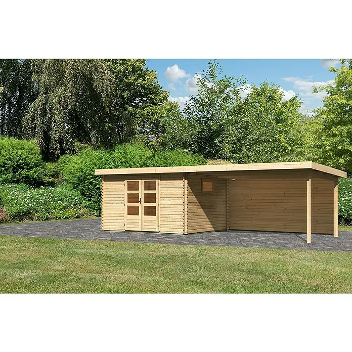 Karibu Gartenhaus Trittau 4 - Außenmaß inkl. Dachüberstand (B x T): 784 x 333 cm, Holz, Naturbelassen, Mit Seitendach & Rückwand - Holzgartenhaus mit Anbau, ideal für zusätzlichen Stauraum und als Unterstand für Gartenmöbel oder Geräte.