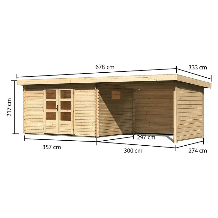 Karibu Gartenhaus Trittau 4 - Außenmaß inkl. Dachüberstand (B x T): 678 x 333 cm, Holz, Naturbelassen, Mit Seitendach, Rück- & Seitenwand - Gartenhaus aus Holz mit Anbau und Maßen.