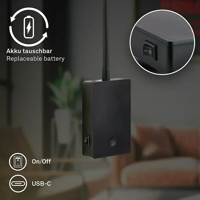 Briloner LED-Leseleuchte Cielo - Höhe: 56 cm, Schwarz - Das Bild zeigt ein schwarzes Gerät mit einem Schalter, einem USB-C-Anschluss und einem austauschbaren Akku.