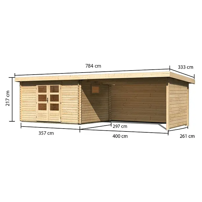 Karibu Gartenhaus Trittau 4 - Außenmaß inkl. Dachüberstand (B x T): 784 x 333 cm, Holz, Naturbelassen, Mit Seitendach, Rück- & Seitenwand - Gartenhaus aus hellem Holz mit integriertem Carport, Maße abgebildet.