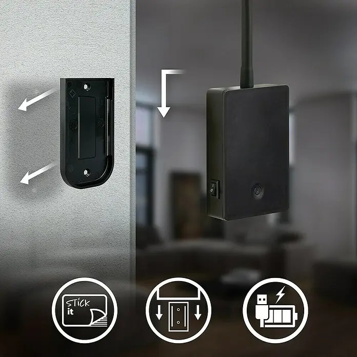 Briloner LED-Leseleuchte Cielo - Höhe: 56 cm, Schwarz - Darstellung des kabellosen Geräts mit Montagehalterung für einfache Installation. Es ist wiederaufladbar und mit einer praktischen Stick-it-Funktion ausgestattet.