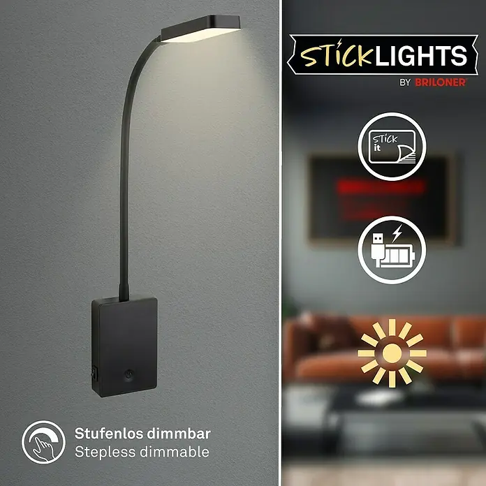 Briloner LED-Leseleuchte Cielo - Höhe: 56 cm, Schwarz - Dimmbare LED-Wandleuchte in Schwarz, ideal als flexible Beleuchtung. Mit "Sticklights" von Briloner einfach anzubringen.