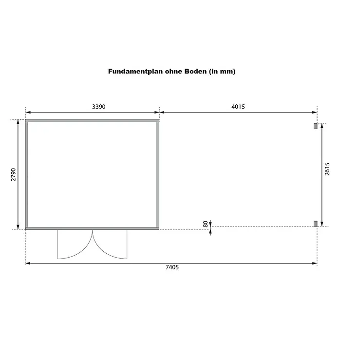 Karibu Gartenhaus Trittau 4 - Außenmaß inkl. Dachüberstand (B x T): 784 x 333 cm, Holz, Naturbelassen, Mit Seitendach - Fundamentplan ohne Boden, zeigt eine rechteckige Struktur mit Anbau und detaillierten Maßen in Millimetern.