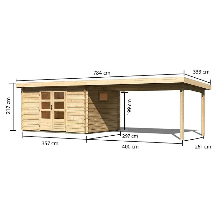 Karibu Gartenhaus Trittau 4 - Außenmaß inkl. Dachüberstand (B x T): 784 x 333 cm, Holz, Naturbelassen, Mit Seitendach - Gartenhaus aus Naturholz mit angebautem Carport für Stauraum und geschützten Bereich.