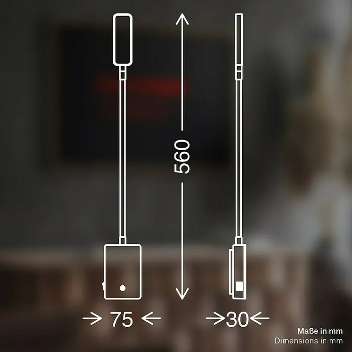 Briloner LED-Leseleuchte Cielo - Höhe: 56 cm, Weiß - Produktabmessungen: Eine detaillierte Skizze der Produktabmessungen, einschließlich Länge, Breite und Höhe in Millimetern für technische Zwecke.