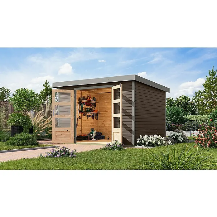 Karibu Gartenhaus Jupiter 5 B - Außenmaß inkl. Dachüberstand (B x T): 320,5 x 266,5 cm, Holz, Terragrau/Grau - Ein geräumiges Gartenhaus mit breiter, offener Doppeltür, das einen Einblick in den Innenraum mit Werkzeugen und Regalen ermöglicht.