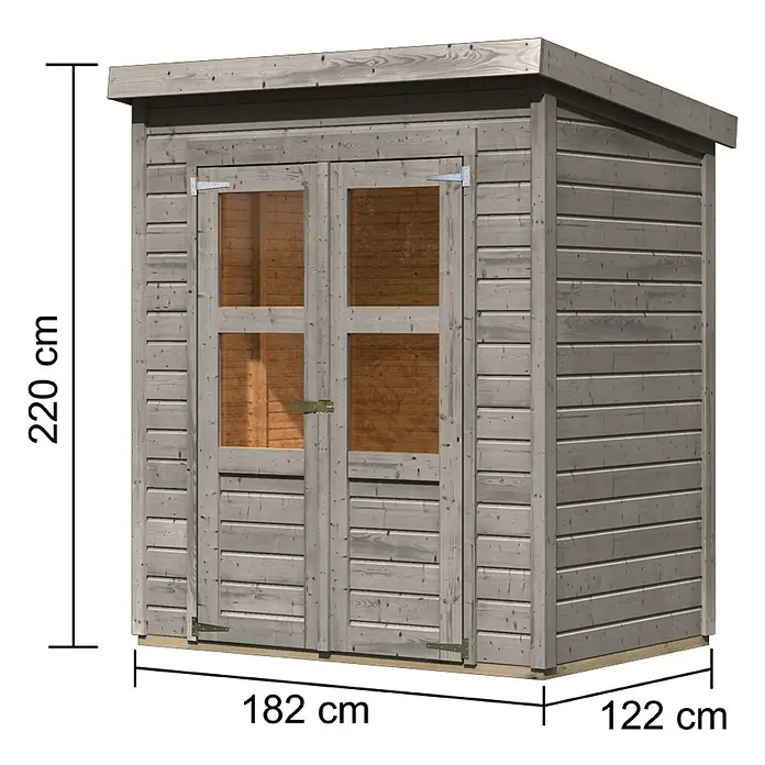 Karibu Gartenhaus Merseburg 2 - Außenmaß inkl. Dachüberstand (B x T): 189 x 142 cm, Holz, Vorvergraut, Ohne Seitendach - Abbildung eines grau gestrichenen Holzgartenschuppens mit Doppeltüren und den Maßen 220 cm Höhe, 182 cm Breite und 122 cm Tiefe.