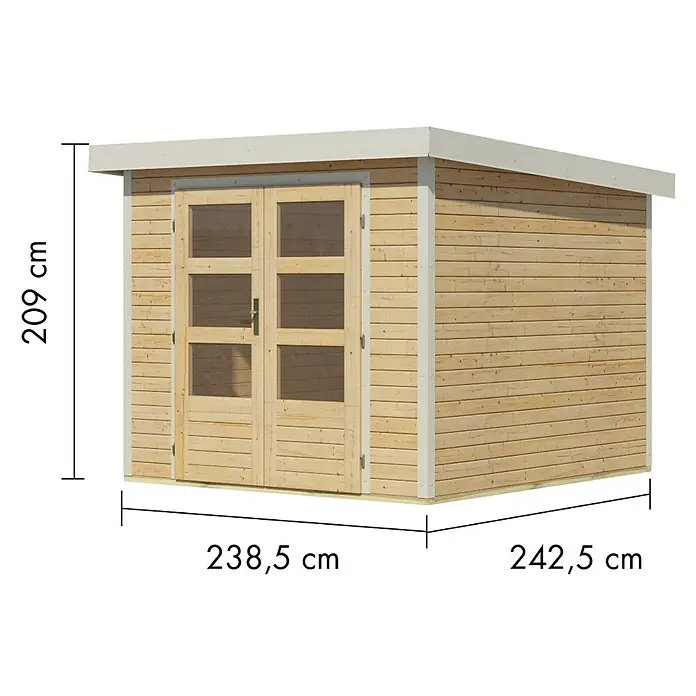 Karibu Gartenhaus Jupiter 3,5 A - Außenmaß inkl. Dachüberstand (B x T): 266 x 266,5 cm, Holz, Naturbelassen/Weiß - Gartenhaus aus hellem Holz mit doppelten Glastüren, Flachdach. Maße: 209 cm H, 238,5 cm B, 242,5 cm T.