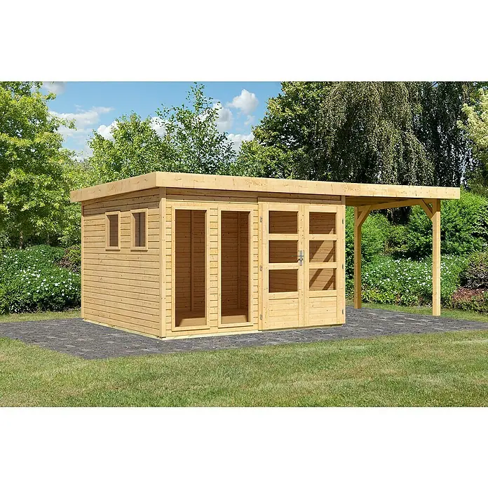 Karibu Gartenhaus Lahar 6 - Außenmaß inkl. Dachüberstand (B x T): 554 x 331 cm, Holz, Naturbelassen, Mit Seitendach - Holzgartenhaus mit Doppeltür und Überdachung auf gepflasterter Fläche, umgeben von Grün. Perfekt für Gartenlagerung oder als gemütlicher Rückzugsort.