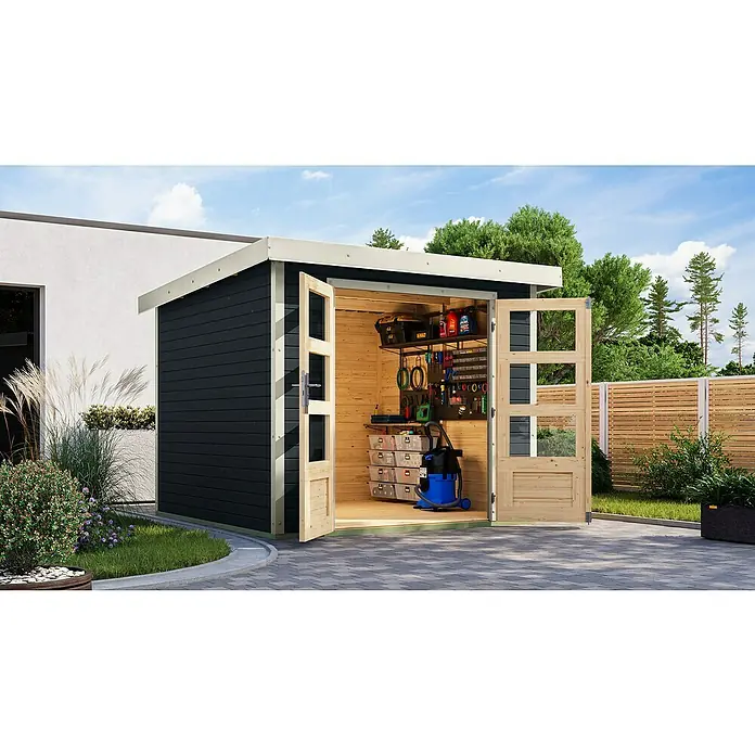 Karibu Gartenhaus Jupiter 3,5 C - Außenmaß inkl. Dachüberstand (B x T): 266 x 266,5 cm, Holz, Anthrazit/Weiß - Ein modernes Gartenhaus mit geöffneten Doppeltüren, das einen Einblick in den aufgeräumten Innenraum mit Werkzeugen und Aufbewahrungslösungen bietet.