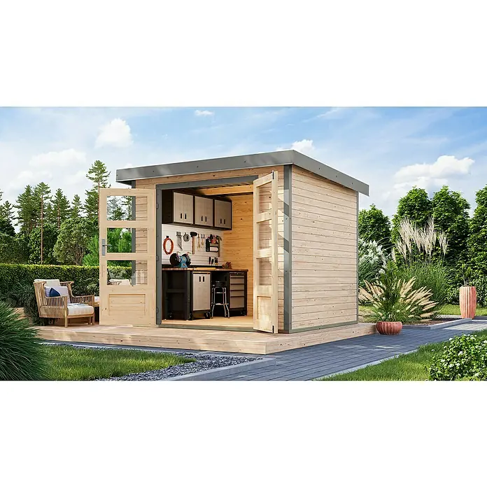 Karibu Gartenhaus Jupiter 3 A - Außenmaß inkl. Dachüberstand (B x T): 266 x 236,5 cm, Holz, Naturbelassen/Grau - Abbildung eines modernen Holzgartenhauses mit geöffneten Türen, das einen organisierten Arbeitsbereich zeigt.