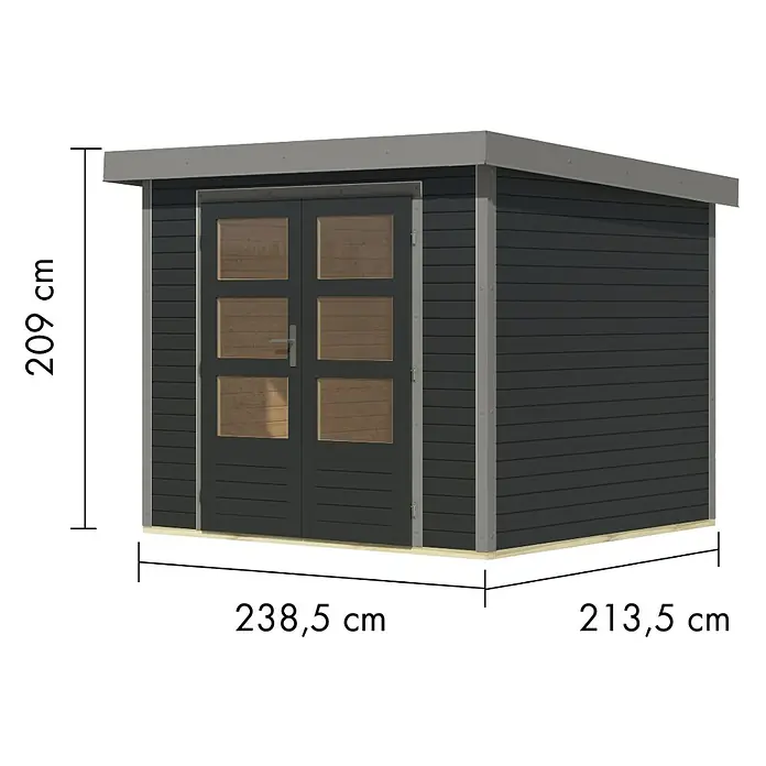 Karibu Gartenhaus Jupiter 3 C - Außenmaß inkl. Dachüberstand (B x T): 266 x 236,5 cm, Holz, Anthrazit/Grau - Dunkelgrauer Gartenschuppen mit horizontalen Paneelen, Doppeltür mit Glas und Flachdach. Maße 209x238,5x213,5 cm.