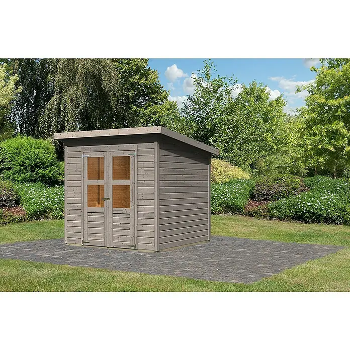 Karibu Gartenhaus Merseburg 4 - Außenmaß inkl. Dachüberstand (B x T): 240 x 236 cm, Holz, Vorvergraut, Ohne Seitendach - Geräumiges Gartenhaus aus Holz mit Doppeltür und Flachdach, ideal zur Aufbewahrung von Gartengeräten und -möbeln.