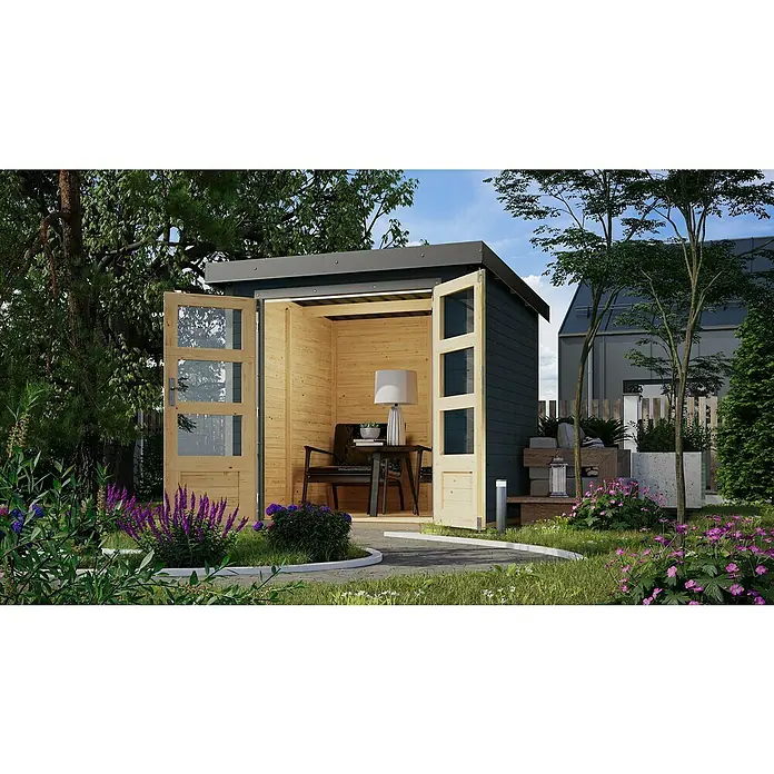 Karibu Gartenhaus Jupiter 2 C - Außenmaß inkl. Dachüberstand (B x T): 228,5 x 235 cm, Holz, Anthrazit/Grau - Modernes Gartenhaus mit offenen Doppeltüren und stilvoller Inneneinrichtung, umgeben von üppiger grüner Natur für einen gemütlichen Rückzugsort im Freien.