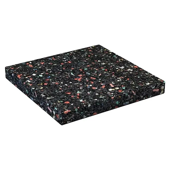 Karibu Unterlagsmatte - 96 Stk. - Bild eines Bodenbelags aus recyceltem Gummi mit bunten Sprenkeln, ideal für Fitnessstudios und Spielplätze.