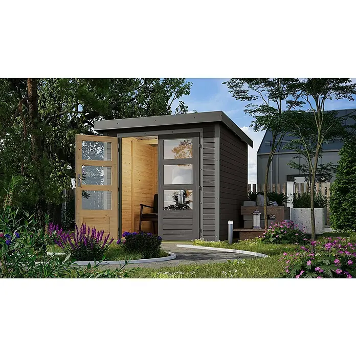 Karibu Gartenhaus Jupiter 2 B - Außenmaß inkl. Dachüberstand (B x T): 228,5 x 235 cm, Holz, Terragrau - Moderne Gartenlaube mit grauer Holzverkleidung, Flachdach und Glastüren. Der Innenraum ist mit hellem Holz verkleidet, um eine gemütliche Atmosphäre zu schaffen.