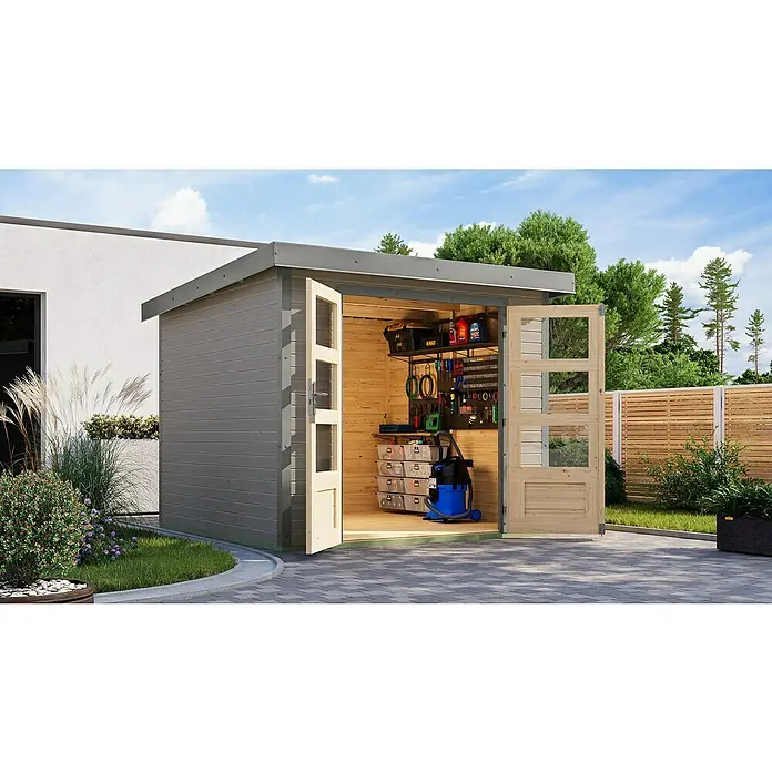 Karibu Gartenhaus Jupiter 3,5 D - Außenmaß inkl. Dachüberstand (B x T): 266 x 266,5 cm, Holz, Wassergrau/Grau - Ein geräumiges Gartenhaus mit Doppeltüren und praktischem Regalsystem für Werkzeuge und Geräte, ideal für die Gartenarbeit.