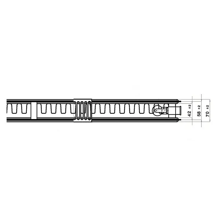 Flachheizkörper - B x H: 500 x 500 mm, Wärmeleistung bei Vorlauftemperatur von 75 °C (D: 50): 554 W, Typ Heizkörper: 21 - Darstellung eines Deckenprofils mit Maßen. Eine detaillierte Skizze zeigt Konstruktionsdetails des Profils mit zugehörigen Maßangaben.