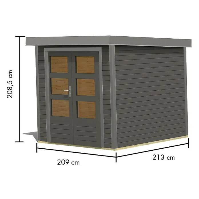 Karibu Gartenhaus Jupiter 2 B - Außenmaß inkl. Dachüberstand (B x T): 228,5 x 235 cm, Holz, Terragrau - Dunkelgrauer Holz-Gartenschuppen mit Flügeltüren, sechs hellbraunen Fenstern und Flachdach (209x213x208,5 cm).