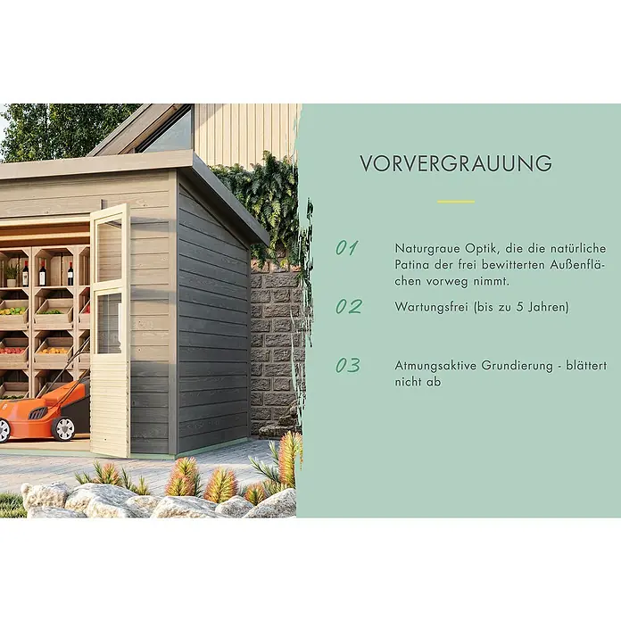 Karibu Gartenhaus - Außenmaß inkl. Dachüberstand (B x T): 240 x 175 cm, Holz, Vorvergraut, Ohne Seitendach - Eine graue Gartenhütte mit geöffneter Tür, gefüllt mit Regalen mit Pflanzen, Flaschen und einem Rasenmäher.