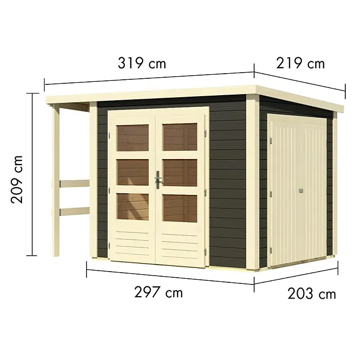 Karibu Gerätehaus Multi - Außenmaß inkl. Dachüberstand (B x T): 319 x 219 cm, Holz, Terragrau - Zweifarbiges Gartenhaus aus Holz mit hellen Türen, dunkelgrauen Wänden und Seitenstauraum. Gesamtmaße: 319x219x209 cm (BxTxH).