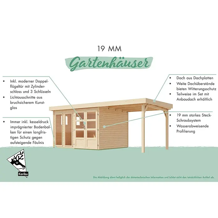 Karibu Gartenhaus Lahar 6 - Außenmaß inkl. Dachüberstand (B x T): 554 x 331 cm, Holz, Naturbelassen, Mit Seitendach - Abbildung eines 19 mm Gartenhauses mit Doppelflügeltür, Dachplatten und wasserabweisender Profilierung.