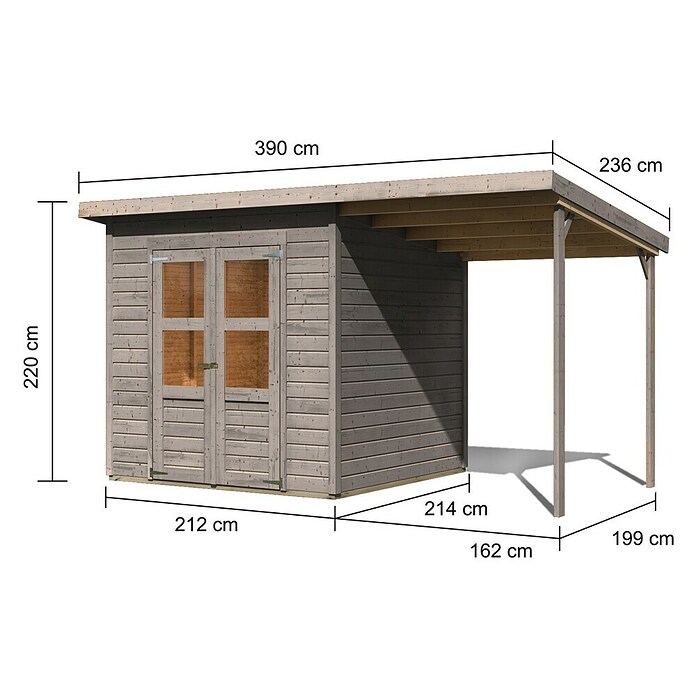 Karibu Gartenhaus Merseburg 4 (Außenmaß inkl. Dachüberstand (B x T): 390 x 236 cm, Holz, Vorvergraut, Mit Seitendach) | BAUHAUS