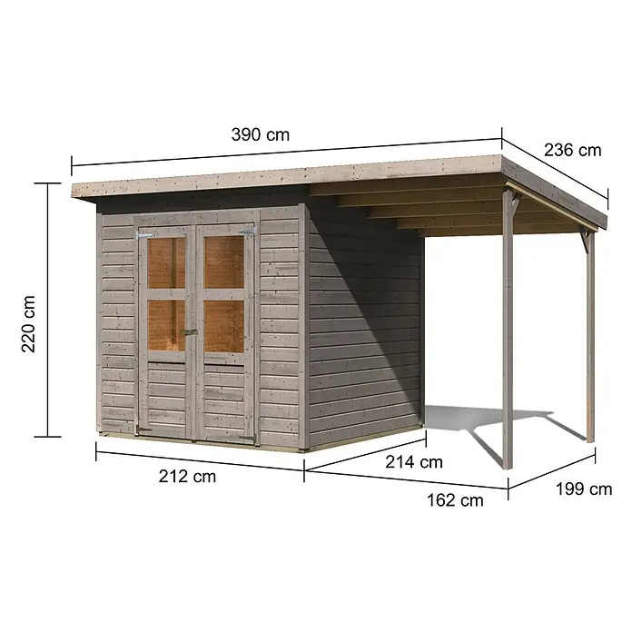 Karibu Gartenhaus Merseburg 4 - Außenmaß inkl. Dachüberstand (B x T): 390 x 236 cm, Holz, Vorvergraut, Mit Seitendach - Hellgraues Holz-Gartenhaus mit angebautem offenem Carport, Maße angegeben.