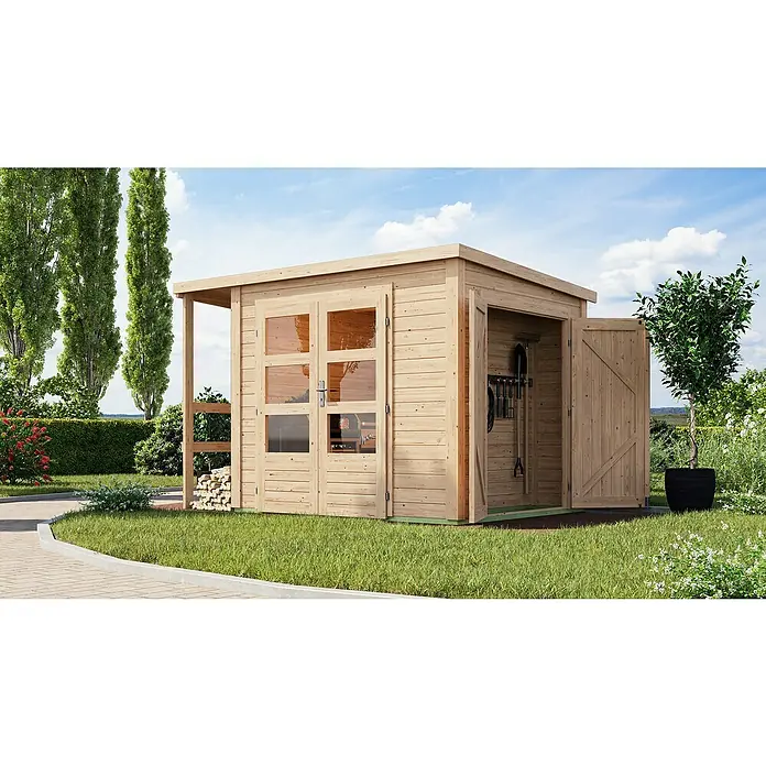 Karibu Gerätehaus Multi - Außenmaß inkl. Dachüberstand (B x T): 319 x 219 cm, Holz, Naturbelassen - Geräumiges Gartenhaus aus Holz mit Doppeltüren und zusätzlichen Fenstern, ideal zur Aufbewahrung von Gartengeräten und -möbeln.