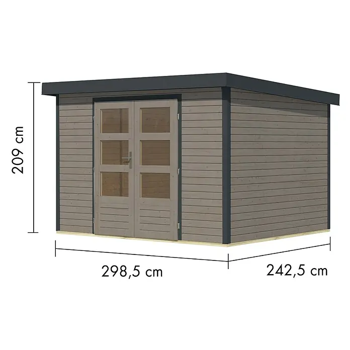 Karibu Gartenhaus Jupiter 5 D - Außenmaß inkl. Dachüberstand (B x T): 320,5 x 266,5 cm, Holz, Wassergrau/Anthrazit - Holz-Gartenschuppen mit gräulich-braunen Planken, dunklem Dach und hellgrauen Doppeltüren.