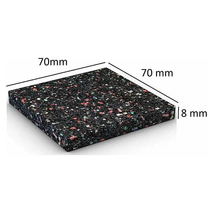 Karibu Unterlagsmatte - 96 Stk. - Quadratische schwarze Antivibrationsmatte aus recyceltem Gummigranulat mit bunten Sprenkeln, 70x70x8mm.