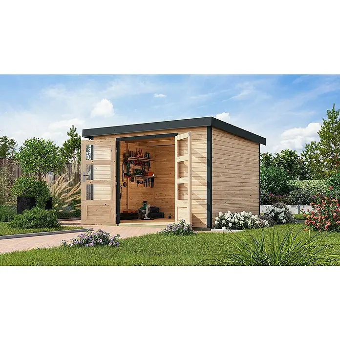 Karibu Gartenhaus Jupiter 5 A - Außenmaß inkl. Dachüberstand (B x T): 320,5 x 266,5 cm, Holz, Naturbelassen/Anthrazit - Geräumiges Gartenhaus aus Holz mit geöffneten Türen, das einen Einblick in den Werkzeugbereich bietet. Ideal für die Gartenarbeit.