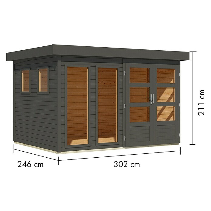Karibu Gartenhaus Lahar 5 (Außenmaß inkl. Dachüberstand (B x T): 330 x 262 cm, Holz, Terragrau, Ohne Seitendach) | BAUHAUS