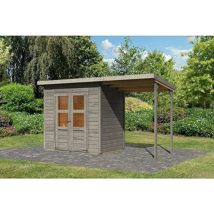 Karibu Gartenhaus Merseburg 3 - Außenmaß inkl. Dachüberstand (B x T): 390 x 175 cm, Holz, Vorvergraut, Mit Seitendach - Gartenhaus aus Holz mit Anbau für zusätzlichen Stauraum oder als Unterstand. Das Haus bietet Platz für Gartengeräte und mehr.