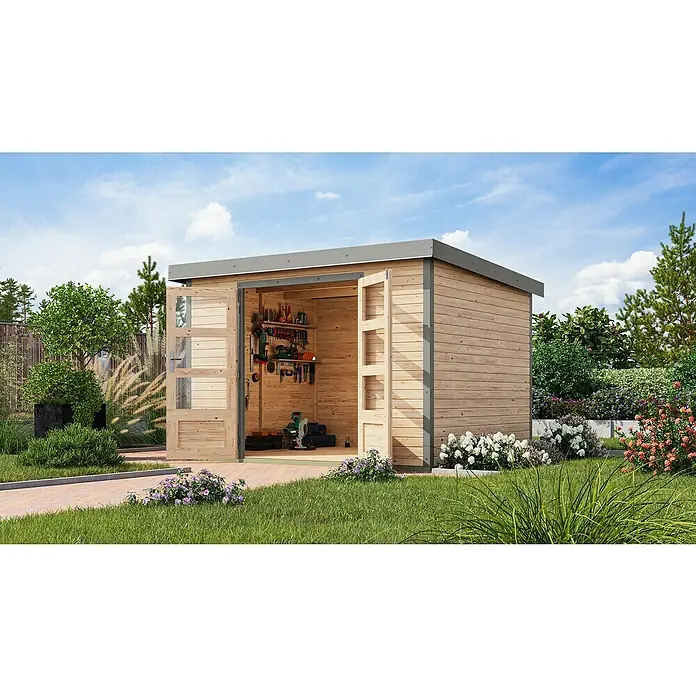 Karibu Gartenhaus Jupiter 5 A - Außenmaß inkl. Dachüberstand (B x T): 320,5 x 266,5 cm, Holz, Naturbelassen/Grau - Gartenhaus mit Doppeltür und Werkzeugen im Inneren, umgeben von Grün. Ideal für Gartenarbeit und Lagerung.