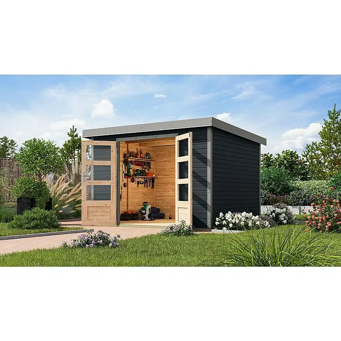 Karibu Gartenhaus Jupiter 5 C - Außenmaß inkl. Dachüberstand (B x T): 320,5 x 266,5 cm, Holz, Anthrazit/Grau - Geräumiges Gartenhaus mit offen stehenden Türen und Werkzeugwand im Inneren. Bietet viel Stauraum für Gartengeräte.