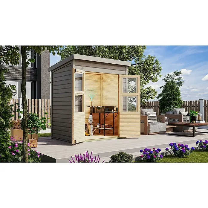 Karibu Gartenhaus Merseburg 2 - Außenmaß inkl. Dachüberstand (B x T): 189 x 142 cm, Holz, Vorvergraut, Ohne Seitendach - Ein modernes Gartenhaus mit Doppeltüren, die einen Einblick in das aufgeräumte Innere geben. Davor Blumenbeete und Gartenmöbel auf einer Terrasse.